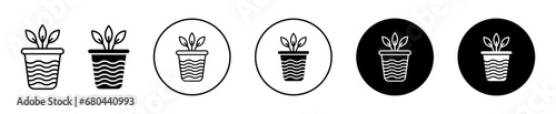 Plant Pot Icon set. Houseplant flowerpot vector symbol in black filled and outlined style.
