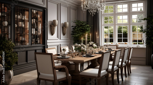 Traditional style elegant dining room in 3D rendered photograph