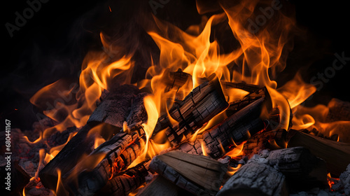 Warm, cozy crackling fire on black background