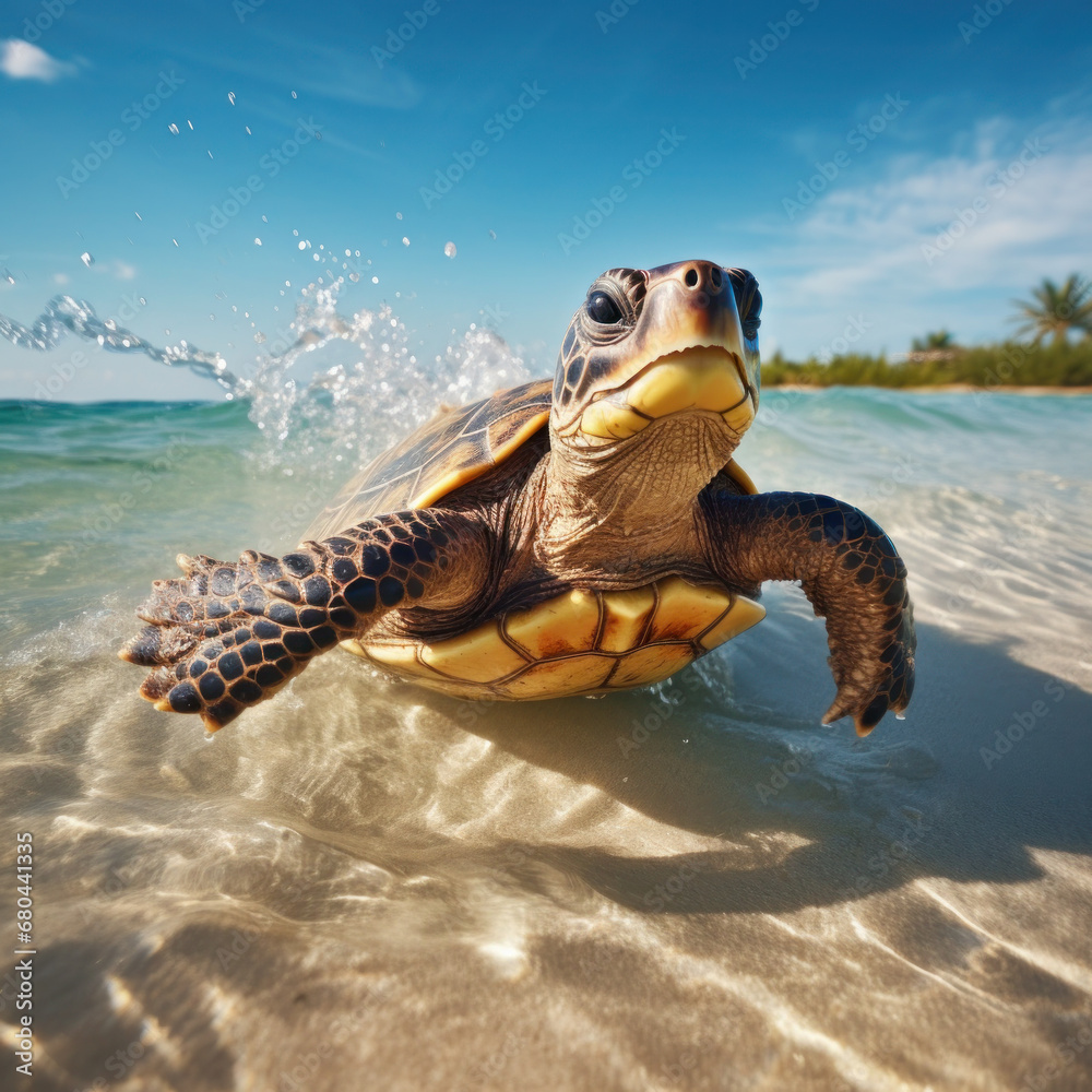 Obraz premium funny turtle hurries to the beach to relax