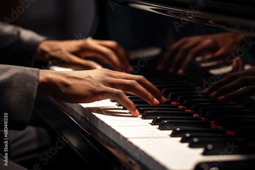 A detailed close-up shot of a person playing the piano. This image can be used to depict a musician, a piano lesson, or a performance.