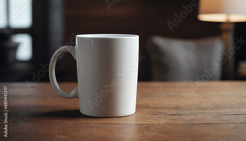 mockup of a white blank mug on a wooden table