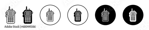 Walkie talkie icon set. military electronic communication device vector symbol. radio transceiver pictogram in black filled and outlined style. photo