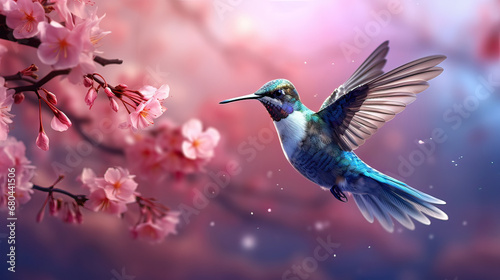 Delicate hummingbird energetically frozen against a background of soft, blurred blossoms © SK