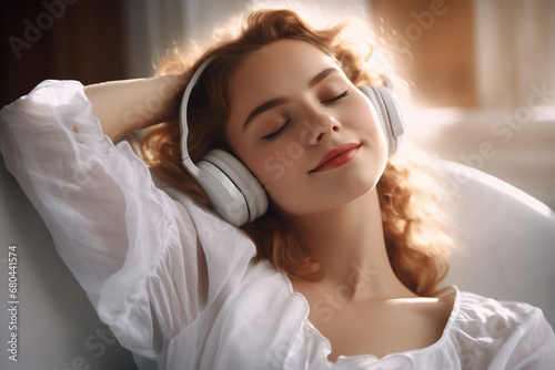 Smiling woman listening music with a headphones.