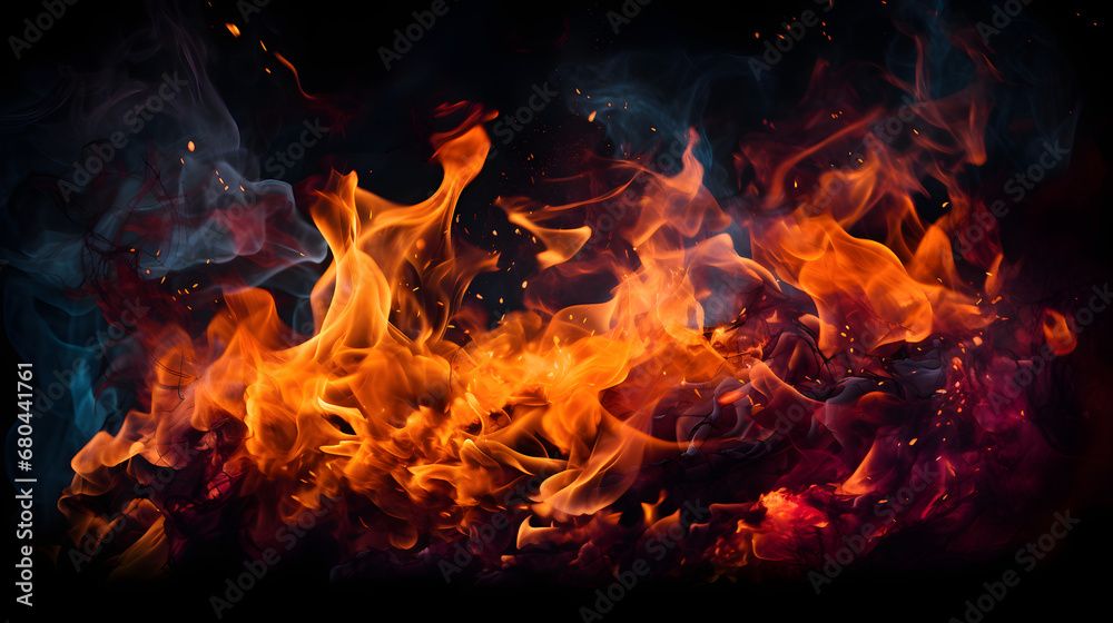 Vibrant dancing bonfire flames on dark black backdrop Vibrant dancing bonfire flames on dark black backdrop