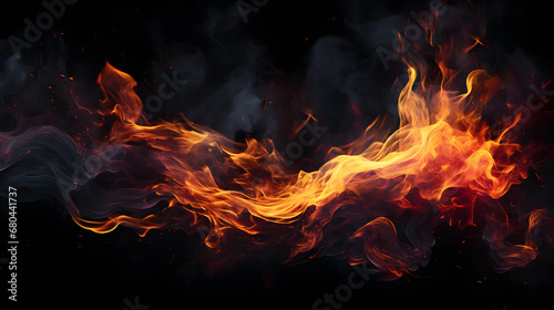 Vibrant dancing bonfire flames on dark black backdrop