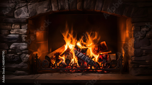 Warm glowing embers and small flames in cozy fireplace on black background