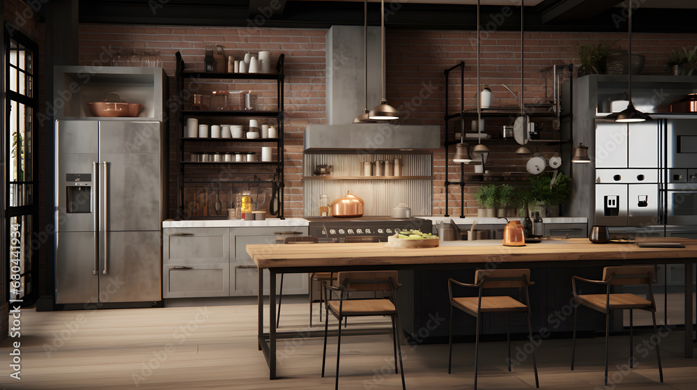 Industrial style kitchen with metallic accents in 3D render Industrial style kitchen with metallic accents in 3D render