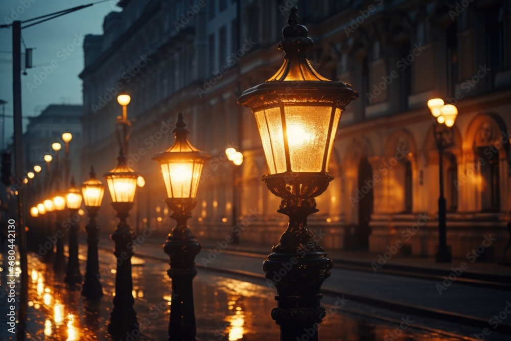 A row of street lights illuminating a wet sidewalk. This image can be used to depict urban scenes, rainy weather, city nightlife, or a moody atmosphere