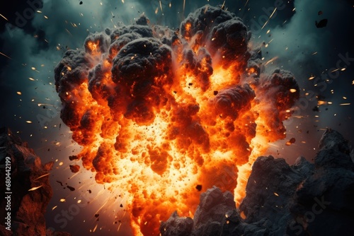 A powerful explosion releases a plume of orange and black smoke. This dynamic image captures the intensity and impact of the explosion. Perfect for illustrating destruction, chaos, or dramatic events.