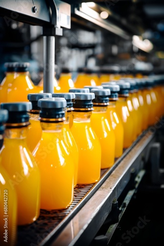Bottles of orange juice or lemonade on a production line. Beverage production line of the plant.