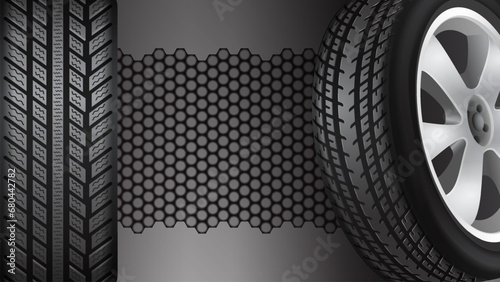 Car tire wallpaper with dark background with hexagon pattern