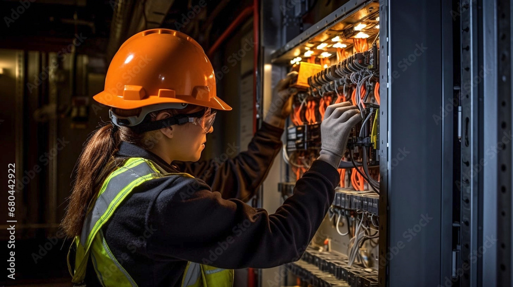 copy space, stockphoto, Candid shot of a female commercial electrician at work on a fuse box, adorned in safety gear, demonstrating professionalism. Female engineer working on an electicity installati copy space, stockphoto, Candid shot of a female commercial electrician at work on a fuse box, adorned in safety gear, demonstrating professionalism. Female engineer working on an electicity installati