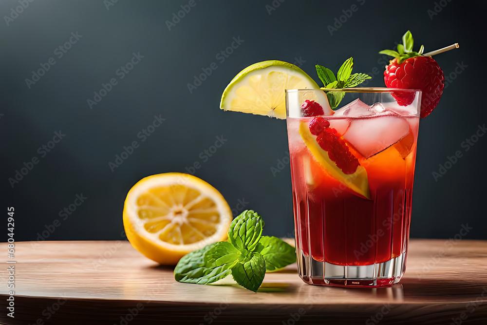 Refreshing Fruity Summer Drink on Table with Lemon and Mint Refreshing Fruity Summer Drink on Table with Lemon and Mint
