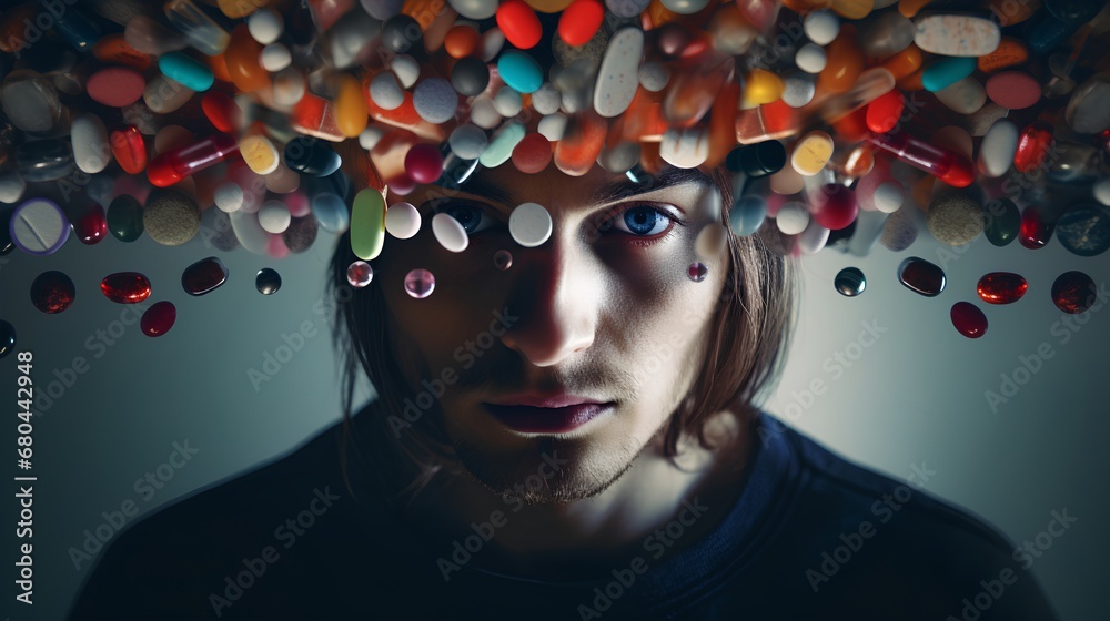 An individual is overwhelmed and sinking in various opioids and prescription pills, depicting the struggle and desperation of drug addiction and substance abuse. - obrazy, fototapety, plakaty 