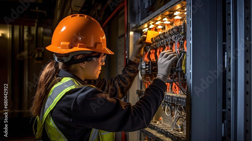 copy space, stockphoto, Candid shot of a female commercial electrician at work on a fuse box, adorned in safety gear, demonstrating professionalism. Female engineer working on an electicity installati photo