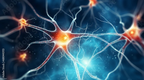 Illustration of neural network highlighting neurons involved in addiction, focusing on synapses affected by opioid use, depicting the complex brain activity linked to substance dependence. photo