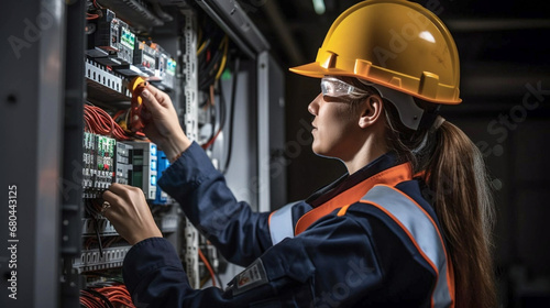 copy space, stockphoto, Candid shot of a female commercial electrician at work on a fuse box, adorned in safety gear, demonstrating professionalism. Female engineer working on an electicity installati