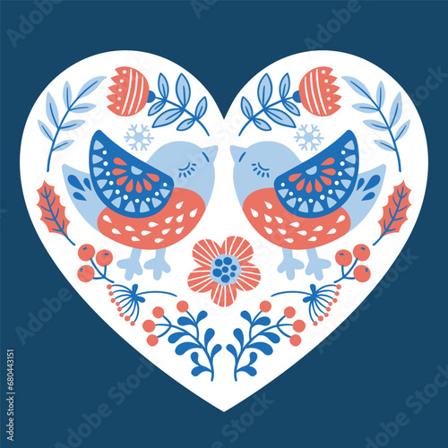 Vector hand drawn illustration of birds in folk style. Silhouettes of decorative, ornate snowbird kissing among the branches and flowers photo