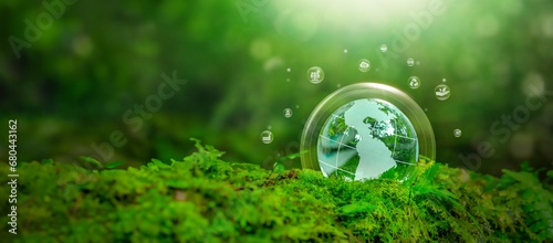 Crystal globe placed on moss. ESG icon. Concept for environment. Society and Governance sustainable global environment concept #680443162