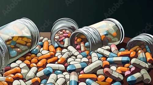 Opioid epidemic, featuring an array of prescription pills, medicine capsules, and tablets scattered, symbolizing the widespread issue of opioid addiction and the resulting crisis. photo