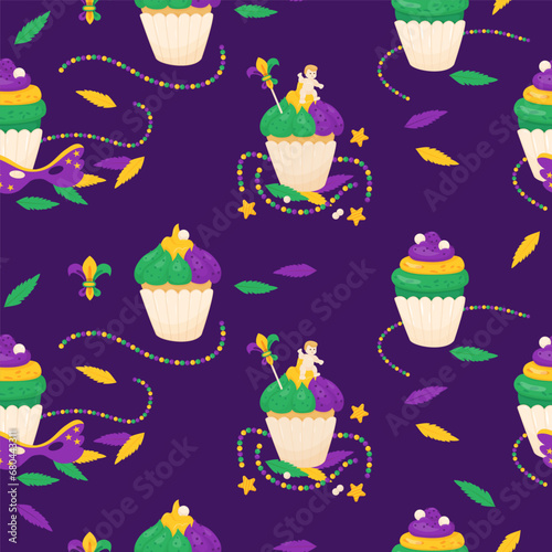 Mardi Gras carnival food seamless pattern. King Cake, cupcake with colorful icing and baby Jesus toy on purple background with beads, necklaces and feathers. Vector illustration in cartoon style.