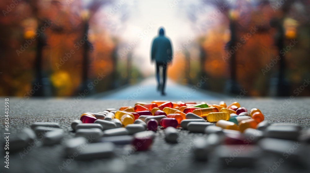 A conceptual image depicting the journey of overcoming drug and opioid addiction, symbolizing the struggle and success of becoming free from the grip of prescription pills and substance abuse. - obrazy, fototapety, plakaty 