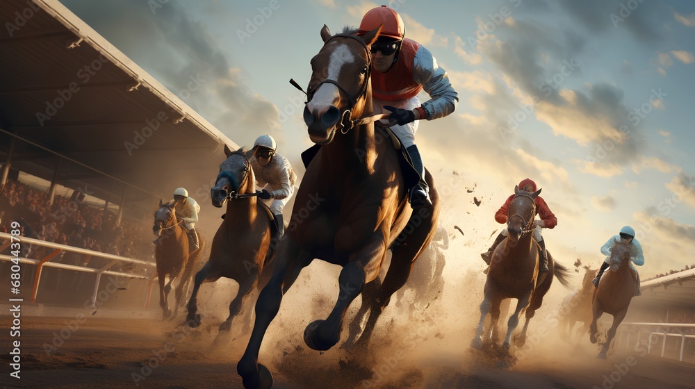 Naklejka premium Dynamic photo capturing the thrilling action of horse racing as multiple horses and jockeys vie for the lead. The shot is taken from a close angle, emphasizing the intensity and competition of race