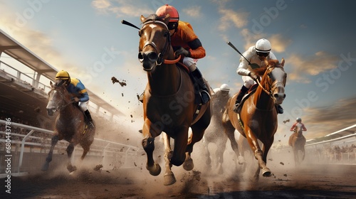 Dynamic photo capturing the thrilling action of horse racing as multiple horses and jockeys vie for the lead. The shot is taken from a close angle, emphasizing the intensity and competition of race photo