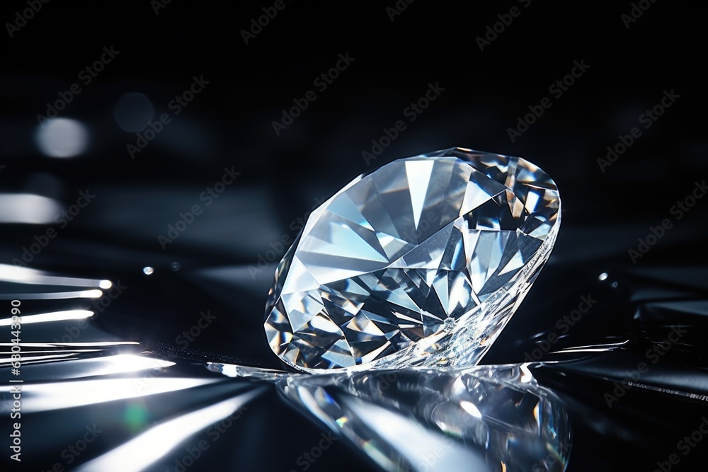 A stunning diamond sitting on top of a shiny surface. This image can be used for jewelry advertisements or as a symbol of luxury and elegance. - obrazy, fototapety, plakaty 