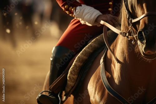 A detailed close up of a person riding a horse. This image can be used to showcase horseback riding  equestrian sports  or outdoor activities.