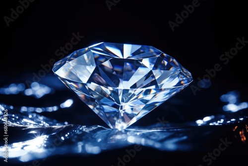 A detailed close-up view of a sparkling diamond placed on a table. This image can be used to showcase the beauty and brilliance of diamonds, as well as in jewelry-related articles or advertisements.