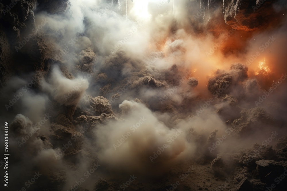 A picture capturing a large amount of smoke emanating from a cave. This image can be used to depict mysterious or dangerous situations.