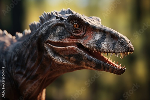A detailed close-up of a dinosaur with its mouth wide open. This image can be used to depict the fierce and powerful nature of dinosaurs in various educational or entertainment projects.