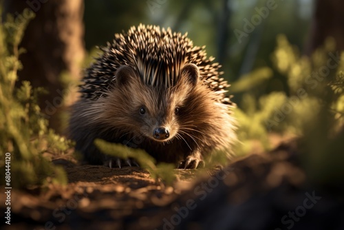 A small hedgehog is seen walking through a forest. This image can be used to depict wildlife, nature, or animal habitats.