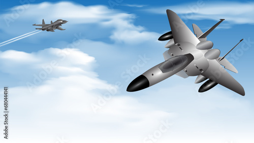 fighter jet flashed across the cloudy blue sky at supersonic speed