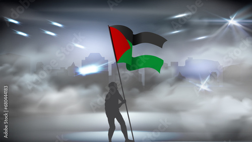 The silhouette of Palestinian warrior waving the flag with gaza city on the background 