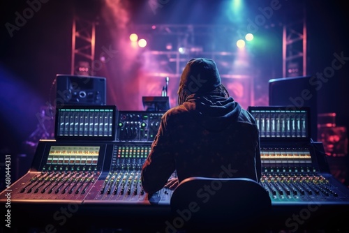 A person is shown sitting in front of a mixing desk. This image can be used to represent a sound engineer, music production, or recording studio setting photo