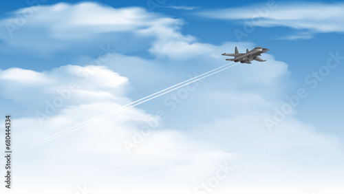 fighter jet flashed across the cloudy blue sky at supersonic speed