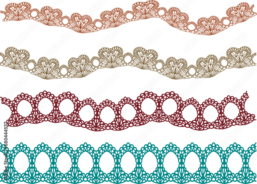 Fototapeta premium SET OF DECORATIVE EMBROIDERY LACE TRIM USED FOR WOMEN AND GIRLS APPAREL DRESSES TOPS AND ACCESSORIES FASHION DESIGN VECTOR ILLUSTRATION