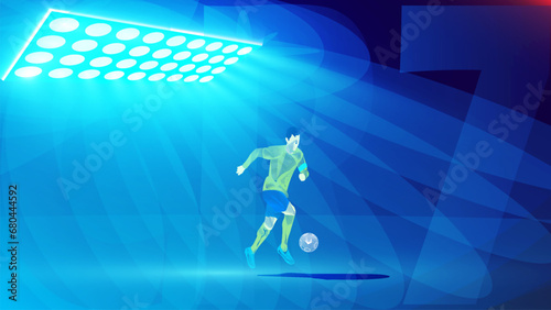 Line art design of A football player dribbling a ball under the spotlight