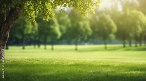 Beautiful blurred background image of spring nature with a neatly trimmed lawn surrounded by trees against a blue sky with clouds on a bright sunny day. #680445114