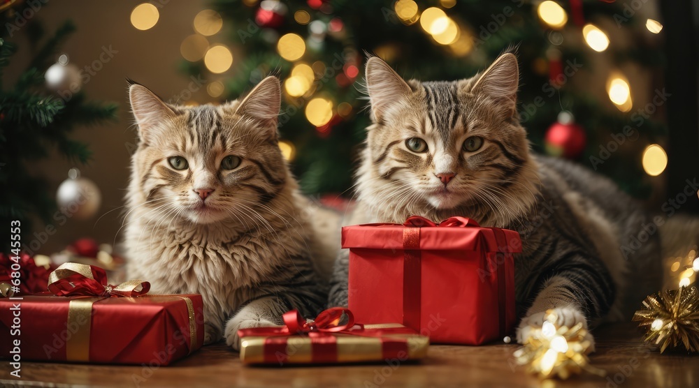 New Year's Eve, gifts Christmas mood, cats, living room, Christmas tree, Christmas presents, gifts