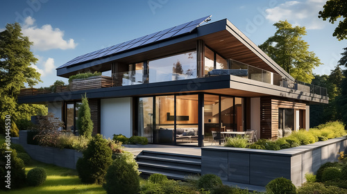 New suburban house with a photovoltaic system on the roof. Modern eco house with landscaped yard. Solar panels on the roof.