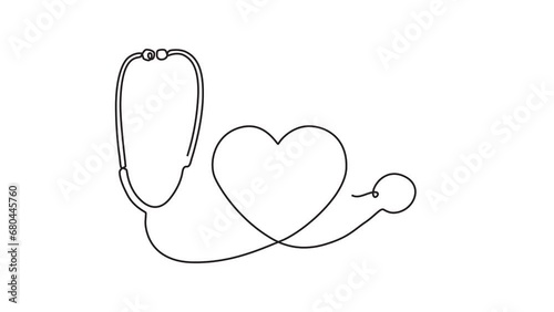 Continuous line animation video of medical health concept. Medical Stethoscope concept in doodle style. Stethoscope detecting heart in one line walking video art style. 4k videos