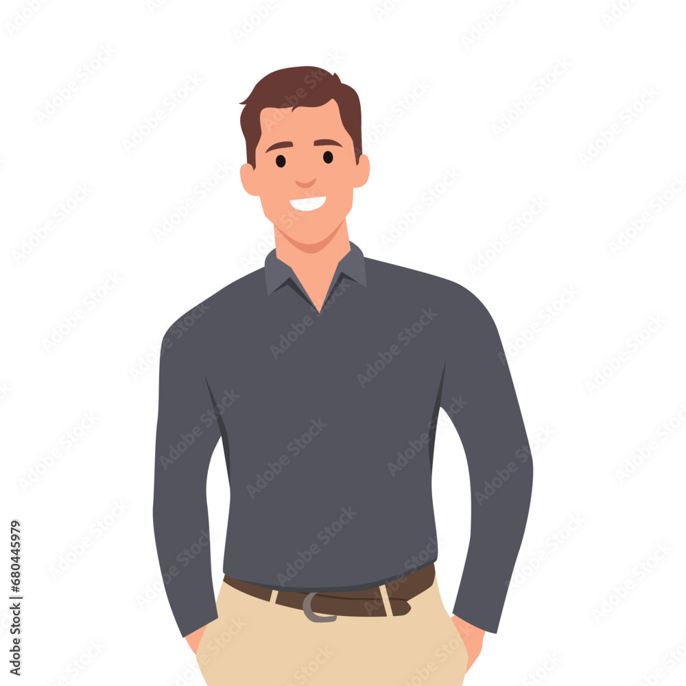 Handsome confident man bear in jeans with hands in pocket. Flat vector illustration isolated on white background Handsome confident man bear in jeans with hands in pocket. Flat vector illustration isolated on white background