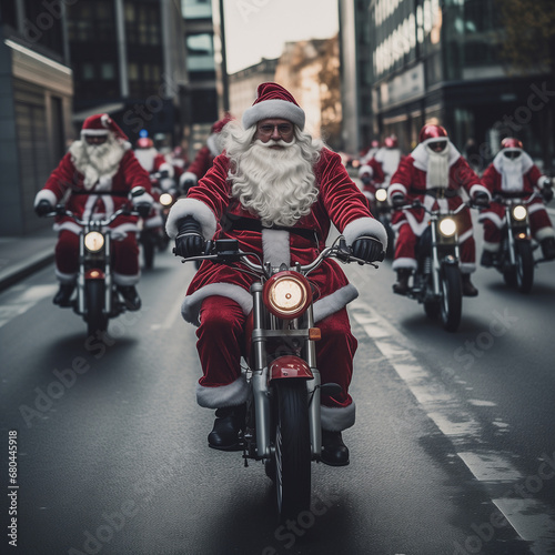 A group of Santa Clauses wearing red helmets ride big bikes to hand out gifts in the middle of the road © boyhey