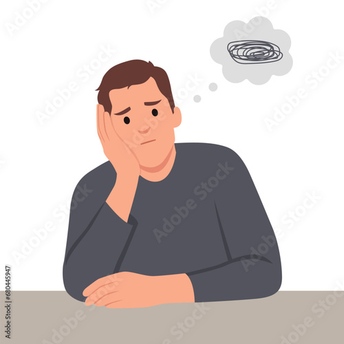 illustration of a man who is asking questions or is confused because he gets into a problem. the concept of running out of ideas, daydreaming, sad, depressed. Flat vector illustration isolated
