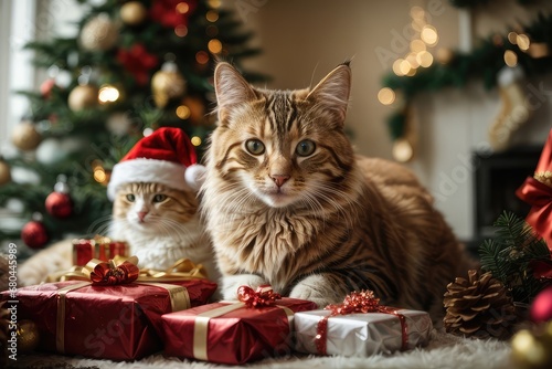 New Year's Eve, gifts Christmas mood, cats, living room, Christmas tree, Christmas presents, gifts